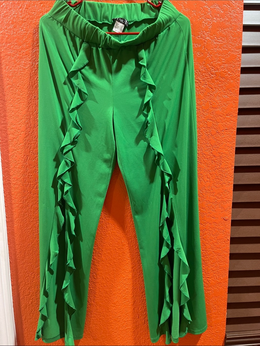 VENUS Green Wide-Leg Ruffle Trim Pants